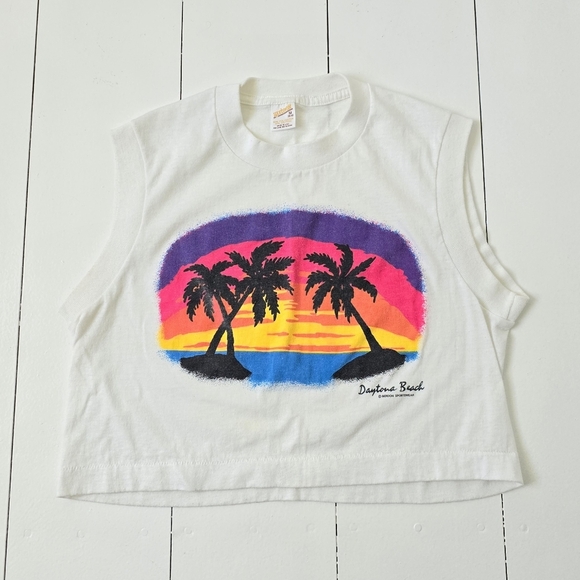 Vintage 80s Daytona Beach Palm Tree Crop Top Medium - Picture 1 of 7